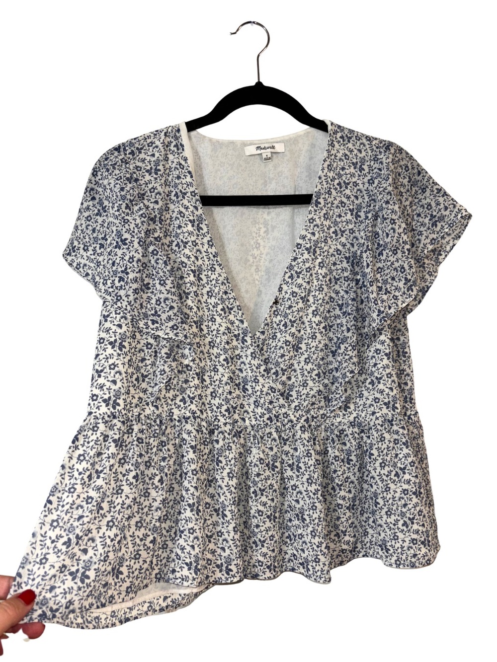 Madewell White and Blue Floral Wrap Peplum Blouse